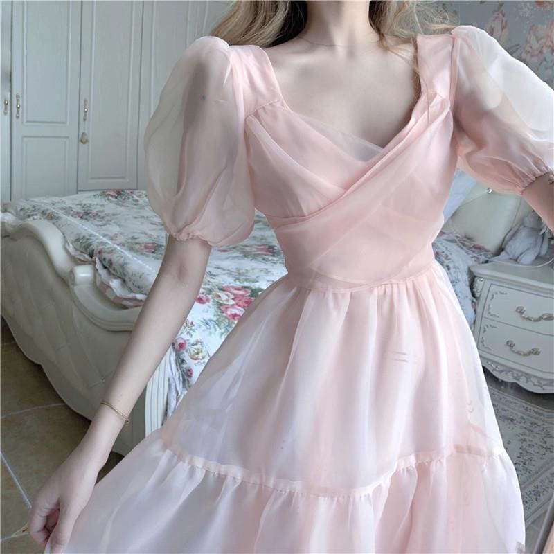Pink Bandage Puff Sleeve Lace Chiffon Dress MM1836 - Dress