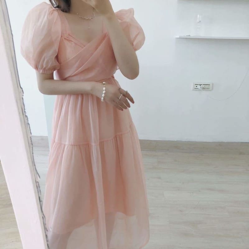 Pink Bandage Puff Sleeve Lace Chiffon Dress MM1836 - Dress