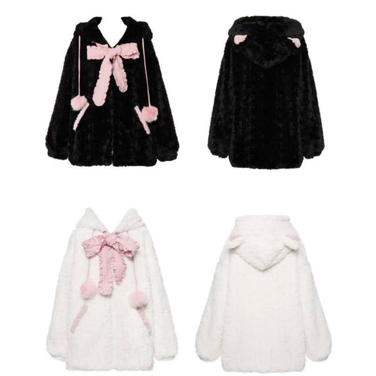 Pink Black Kitty Hoodie Tie Bowknot Coat - Heartzcore