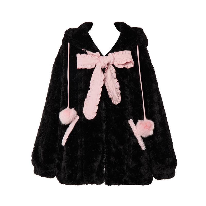 Pink Black Kitty Hoodie Tie Bowknot Coat - Heartzcore -