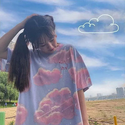 Pink Blue Cloud Print Short Sleeve T-shirt MK15280 - KawaiiMoriStore