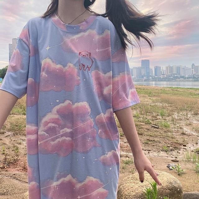 Pink Blue Cloud Print Short Sleeve T-shirt MK15280 - KawaiiMoriStore