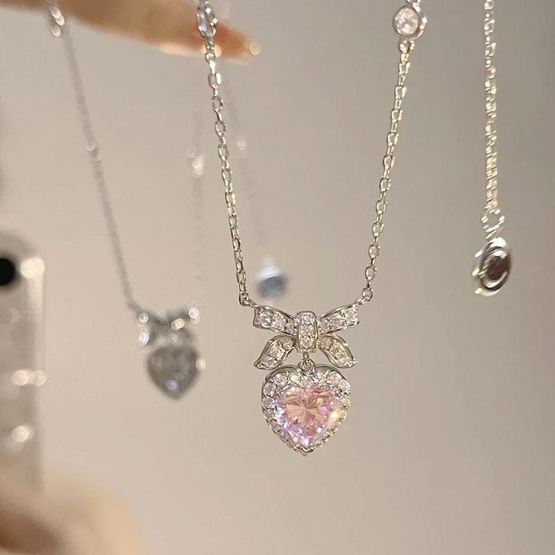 Pink Bowknot Heart Necklace - necklace