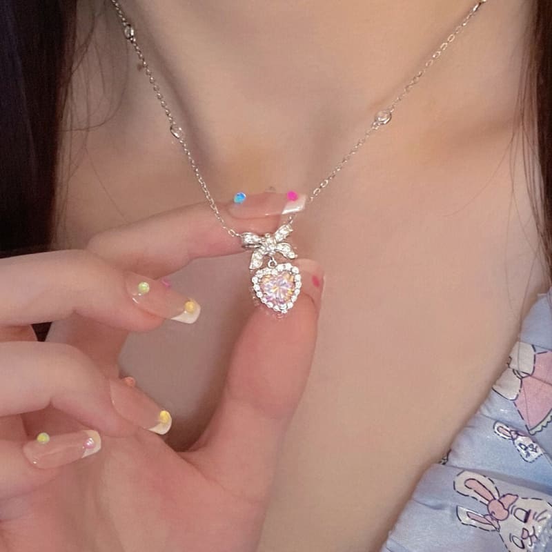 Pink Bowknot Heart Necklace - necklace