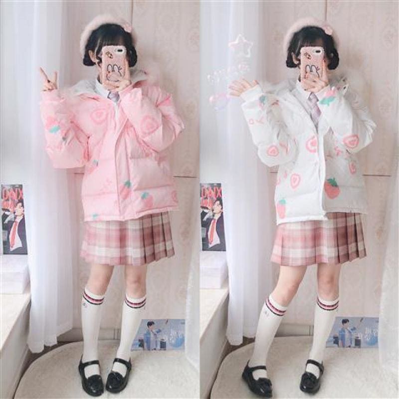 Pink Cartoon Thick Warm Strawberry Print Hooded Coat MK15378 - KawaiiMoriStore