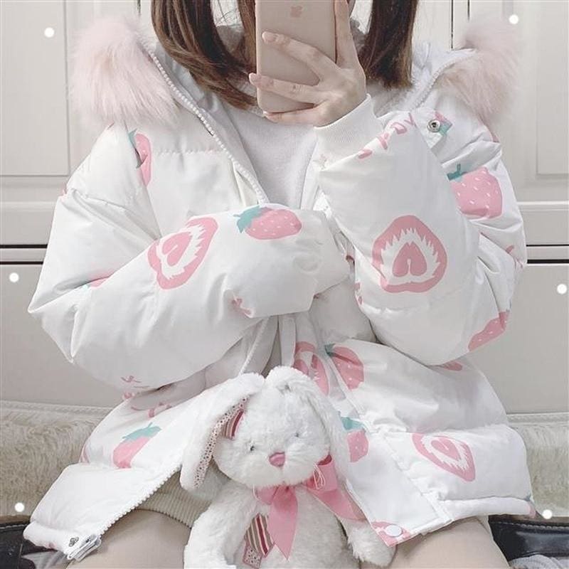 Pink Cartoon Thick Warm Strawberry Print Hooded Coat MK15378 - KawaiiMoriStore