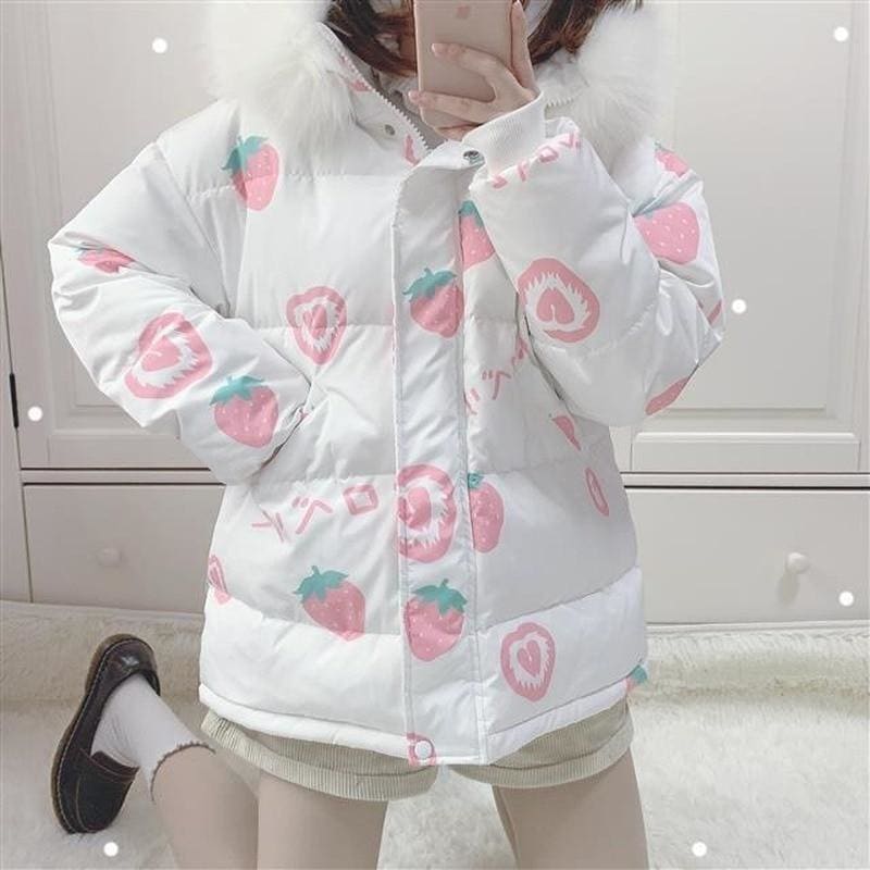 Pink Cartoon Thick Warm Strawberry Print Hooded Coat MK15378 - KawaiiMoriStore