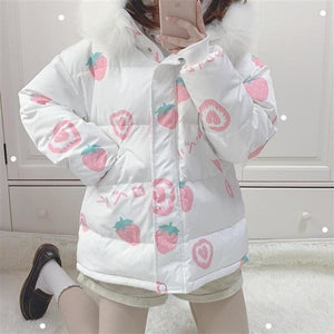Pink Cartoon Thick Warm Strawberry Print Hooded Coat MK15378 - KawaiiMoriStore