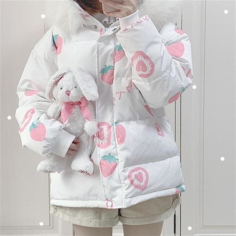 Pink Cartoon Thick Warm Strawberry Print Hooded Coat MK15378 - KawaiiMoriStore