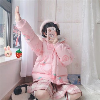 Pink Cartoon Thick Warm Strawberry Print Hooded Coat MK15378 - KawaiiMoriStore