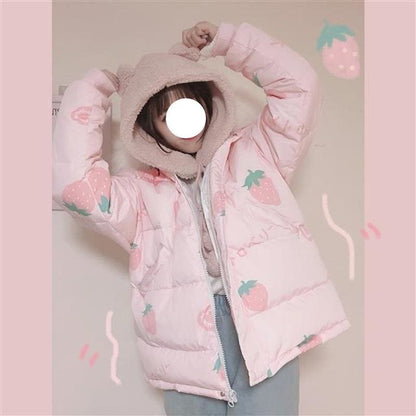 Pink Cartoon Thick Warm Strawberry Print Hooded Coat MK15378 - KawaiiMoriStore