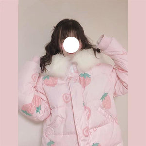 Pink Cartoon Thick Warm Strawberry Print Hooded Coat MK15378 - KawaiiMoriStore
