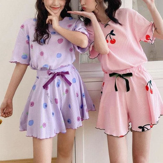 Pink Cherry Blue Blueberry Print  Pajama Two Piece Set MK15890 - KawaiiMoriStore