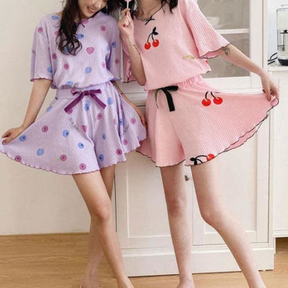 Pink Cherry Blue Blueberry Print  Pajama Two Piece Set MK15890 - KawaiiMoriStore