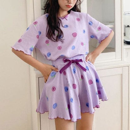 Pink Cherry Blue Blueberry Print  Pajama Two Piece Set MK15890 - KawaiiMoriStore