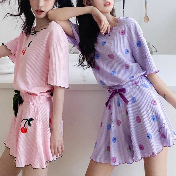 Pink Cherry Blue Blueberry Print  Pajama Two Piece Set MK15890 - KawaiiMoriStore