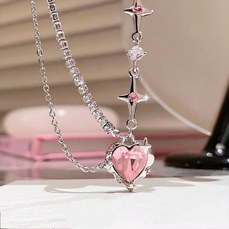 Pink Crystal Heart Pendant - Lovesickdoe - As photo -