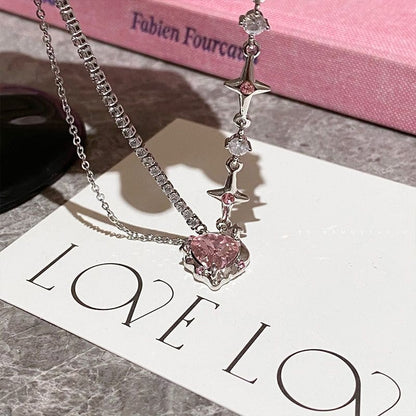 Pink Crystal Heart Pendant - Lovesickdoe - As photo -