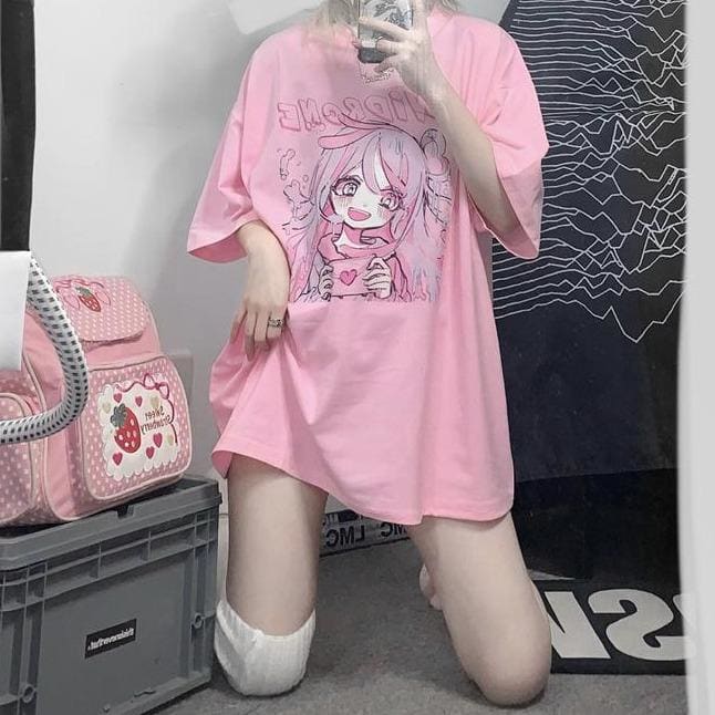 Pink Cute Girl Print Short Sleeve T-shirt MK16008 - KawaiiMoriStore