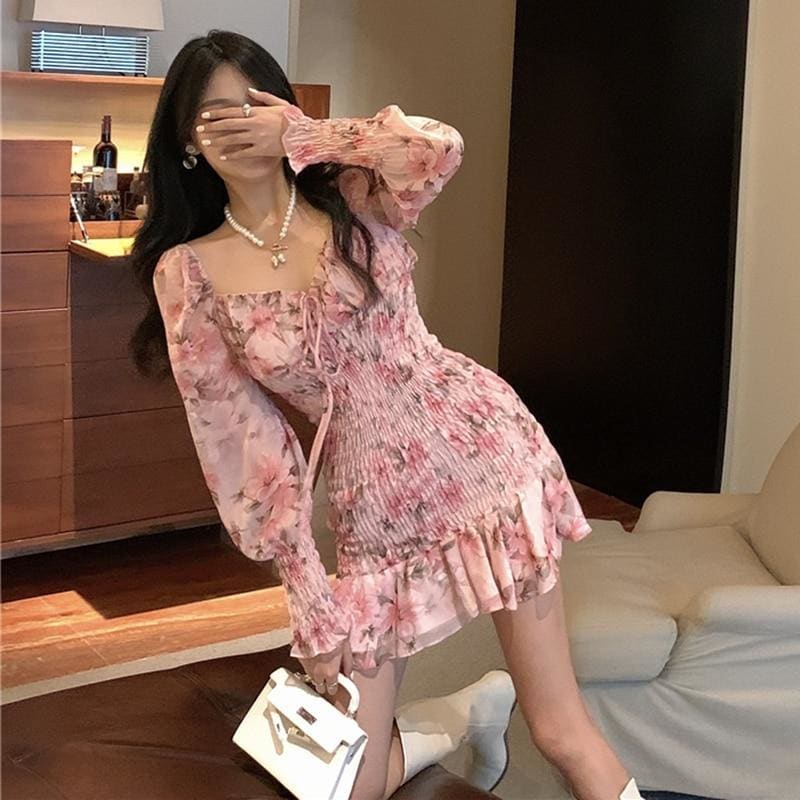 Pink Fashion Chiffon Ruffles Print Trumpet Dress MK15840 - KawaiiMoriStore