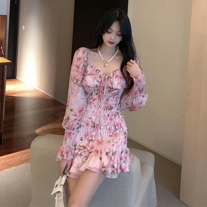 Pink Fashion Chiffon Ruffles Print Trumpet Dress MK15840 - KawaiiMoriStore