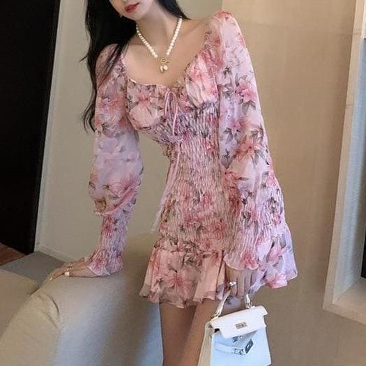 Pink Fashion Chiffon Ruffles Print Trumpet Dress MK15840 - KawaiiMoriStore