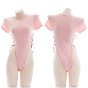 Pink Girl Sexy High split Side Bandge Short Sleeve Bodysuit Swimsuit MK126 - KawaiiMoriStore