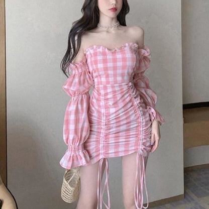 Pink Grid Off-Shoulder Draw String Dress MK15067 - KawaiiMoriStore