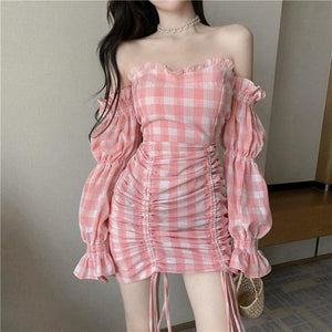 Pink Grid Off-Shoulder Draw String Dress MK15067 - KawaiiMoriStore