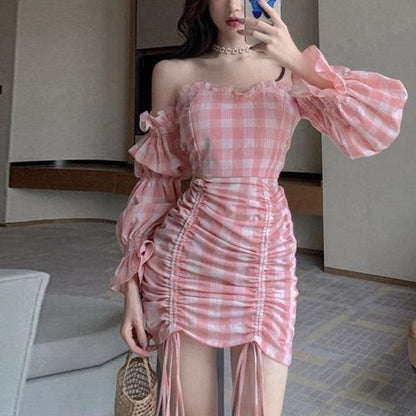 Pink Grid Off-Shoulder Draw String Dress MK15067 - KawaiiMoriStore