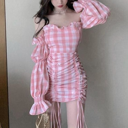 Pink Grid Off-Shoulder Draw String Dress MK15067 - KawaiiMoriStore