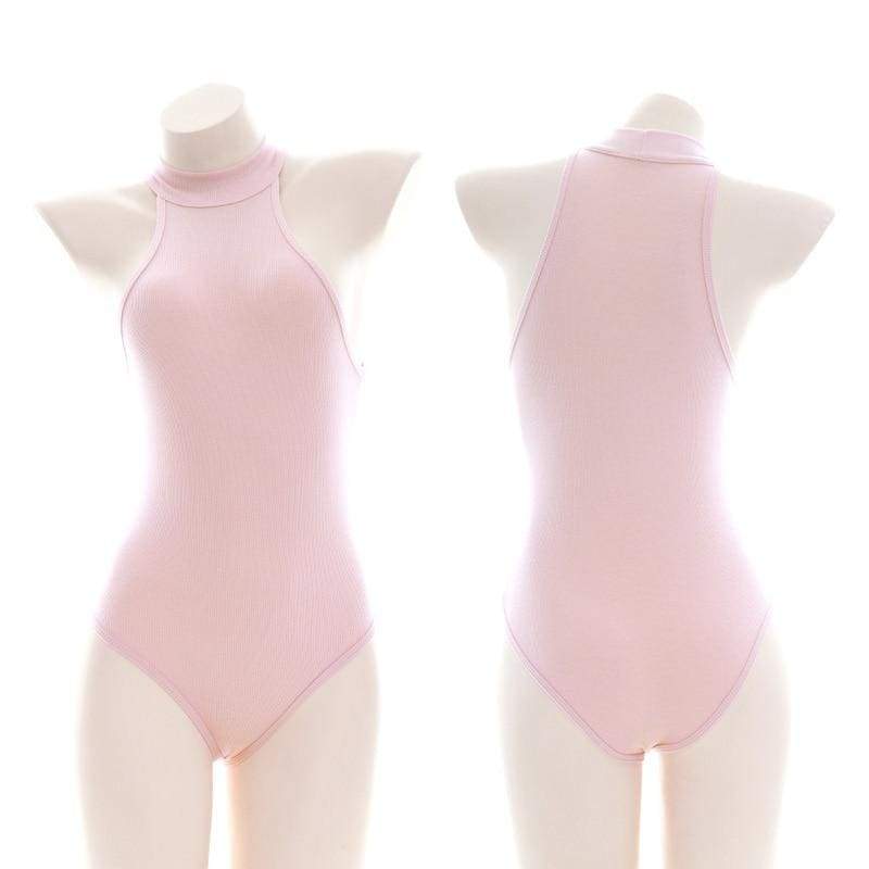 Pink High Collar Sukumizu Pajamas Sexy Sleeveless Private Underwear MM0575 - KawaiiMoriStore