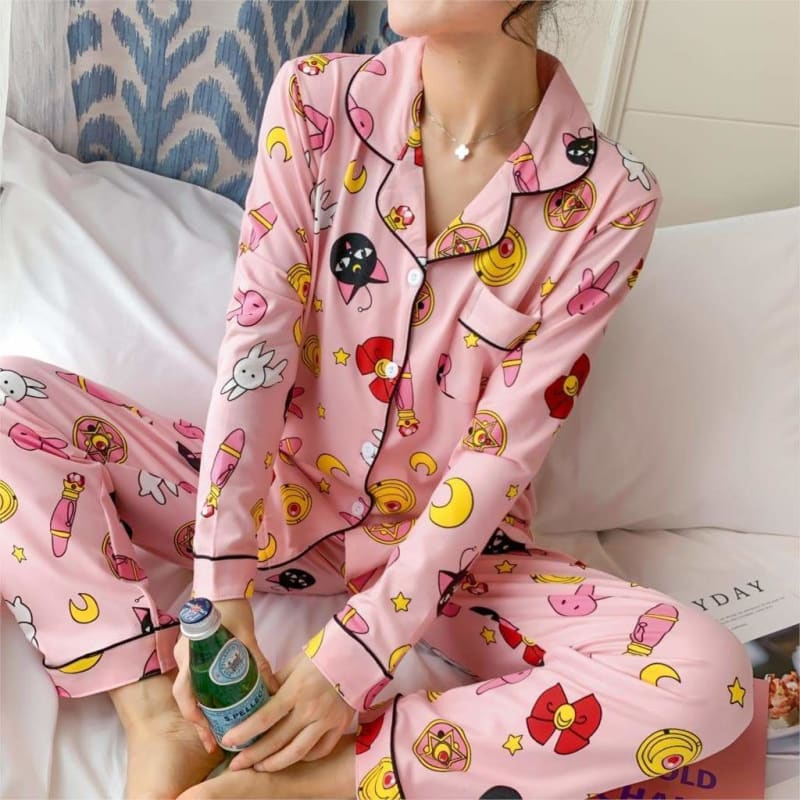 Pink Kawaii Sailor Moon Turn-down Collar Pajamas Set MM1730 