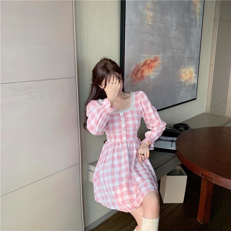 Pink Plaid Kawaii Princess Mini Dress - pink dress