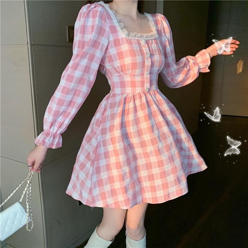 Pink Plaid Kawaii Princess Mini Dress - pink dress