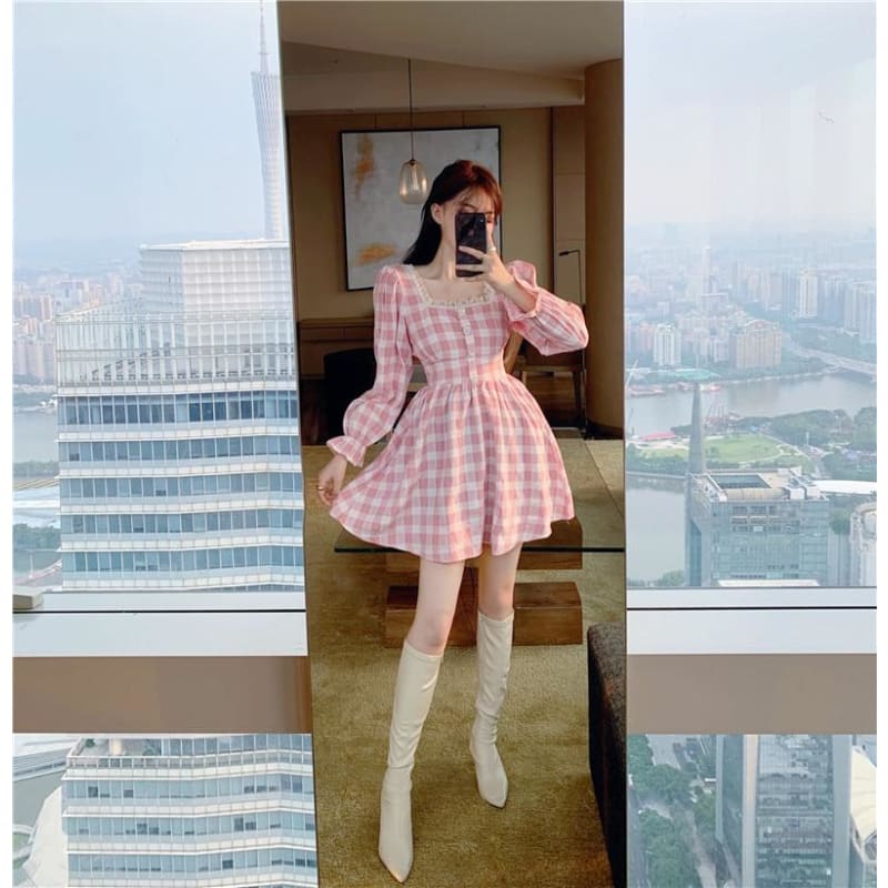 Pink Plaid Kawaii Princess Mini Dress - pink dress