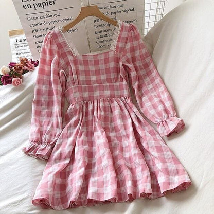 Pink Plaid Kawaii Princess Mini Dress - pink dress