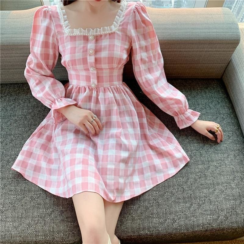 Pink Plaid Kawaii Princess Mini Dress - pink dress