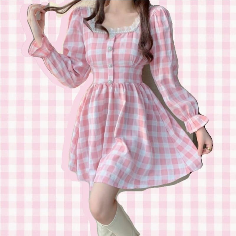 Pink Plaid Kawaii Princess Mini Dress - pink dress