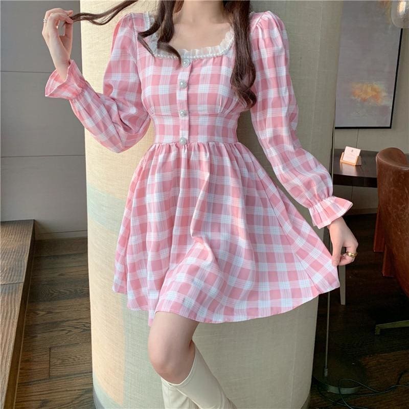 Pink Plaid Kawaii Princess Mini Dress - pink dress