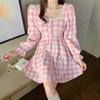 Pink Plaid Kawaii Princess Mini Dress - pink dress