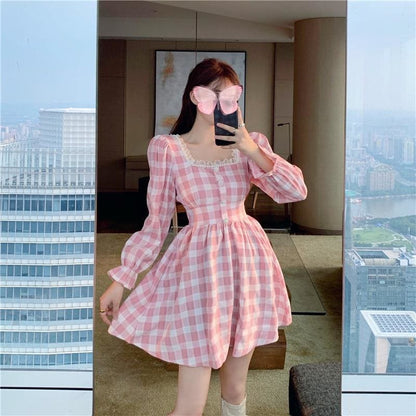 Pink Plaid Kawaii Princess Mini Dress - pink dress