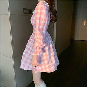 Pink Plaid Kawaii Princess Mini Dress - pink dress