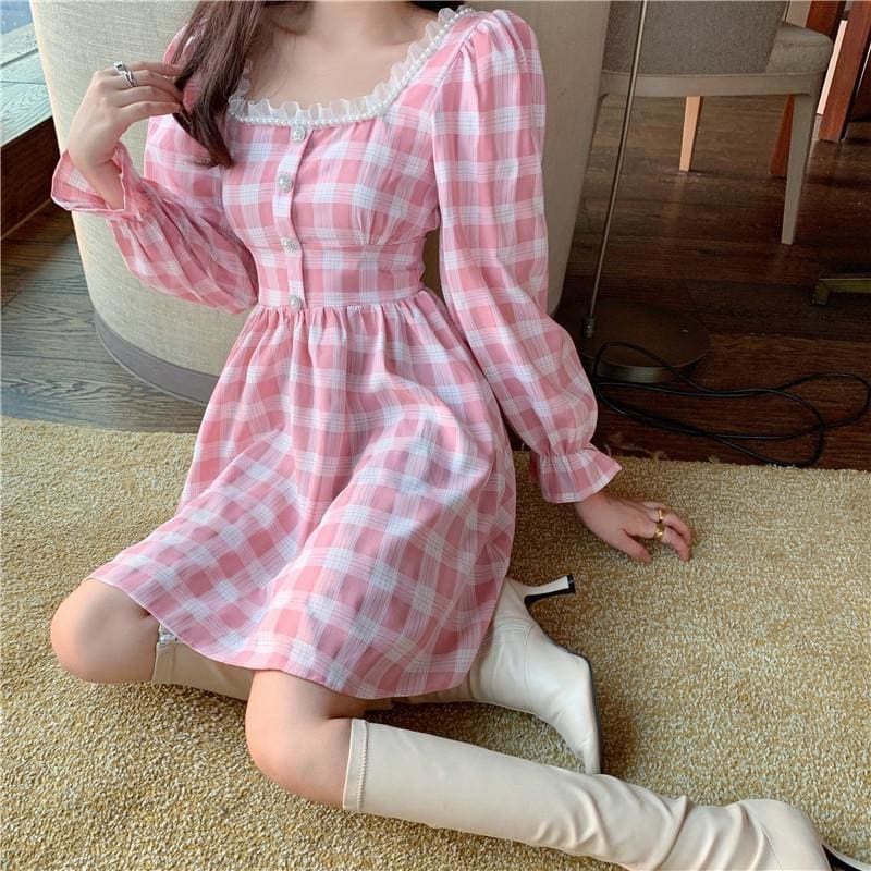 Pink Plaid Kawaii Princess Mini Dress - pink dress