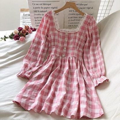 Pink Plaid Kawaii Princess Mini Dress - pink dress