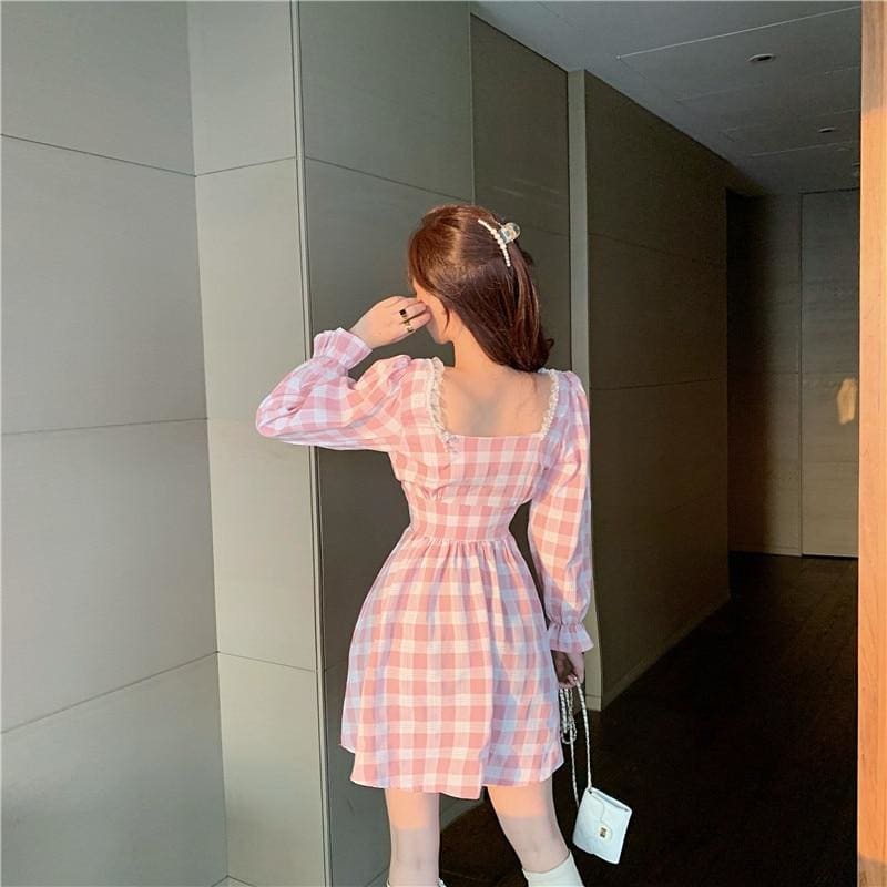 Pink Plaid Kawaii Princess Mini Dress - pink dress