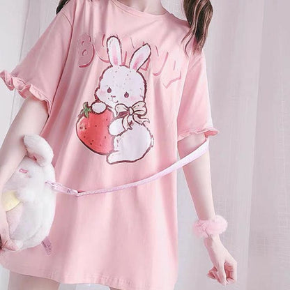 Pink Strawberry Rabbit Wave Sleeve T-shirt MK15060 - KawaiiMoriStore