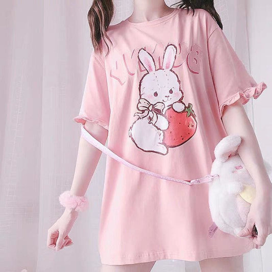 Pink Strawberry Rabbit Wave Sleeve T-shirt MK15060 - KawaiiMoriStore