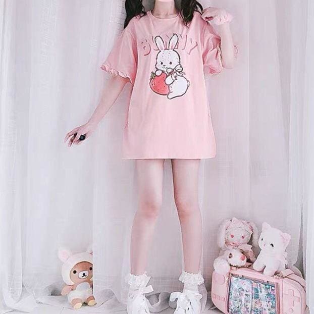Pink Strawberry Rabbit Wave Sleeve T-shirt MK15060 - KawaiiMoriStore