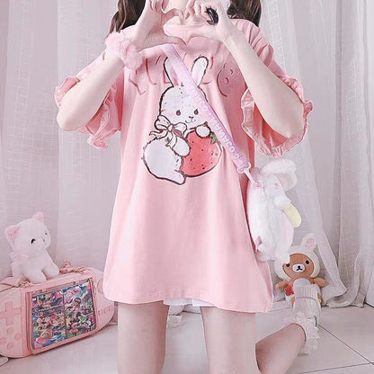 Pink Strawberry Rabbit Wave Sleeve T-shirt MK15060 - KawaiiMoriStore